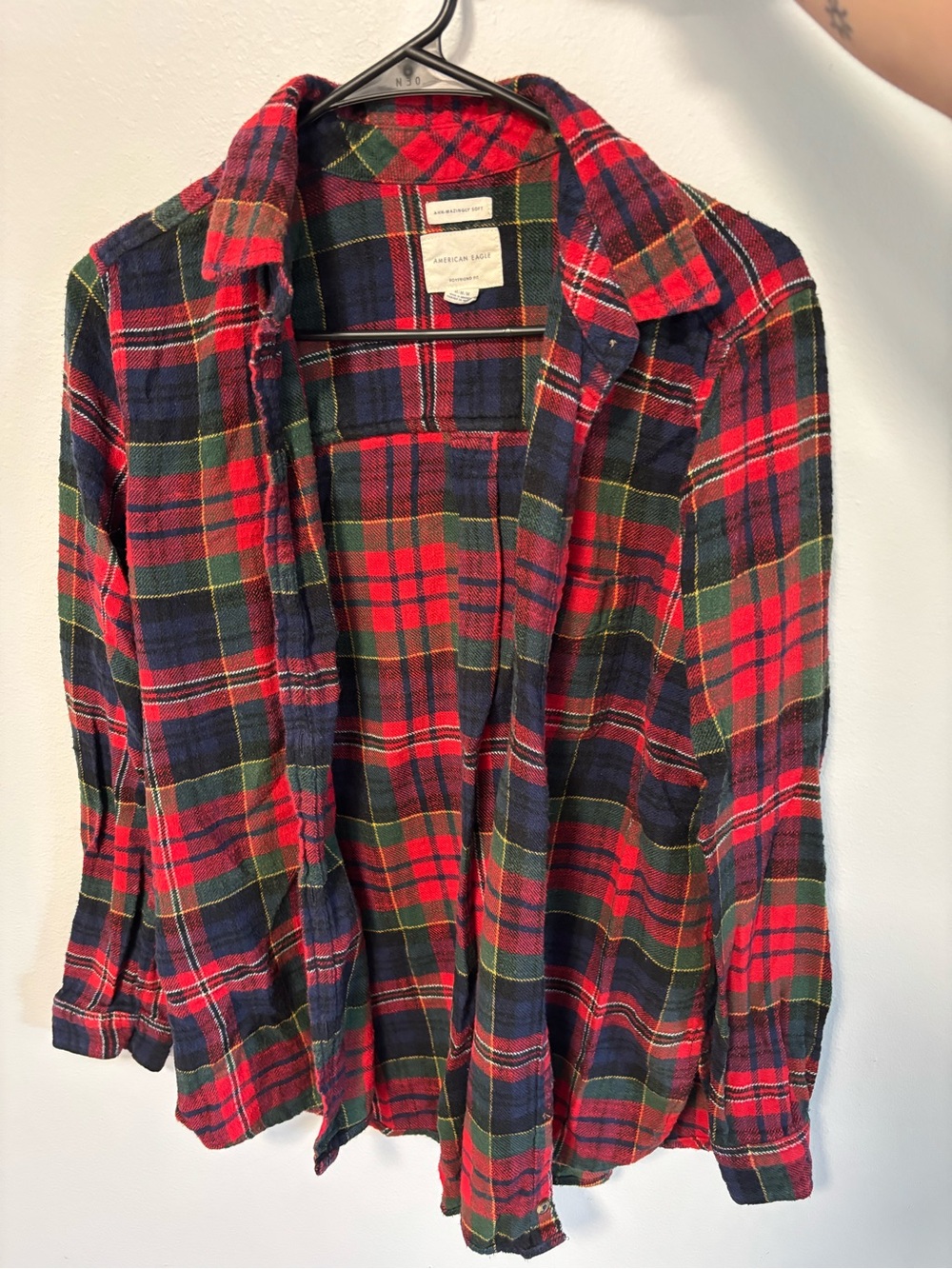 American Eagle Red, Navy & Green Plaid Boyfriend Flannel